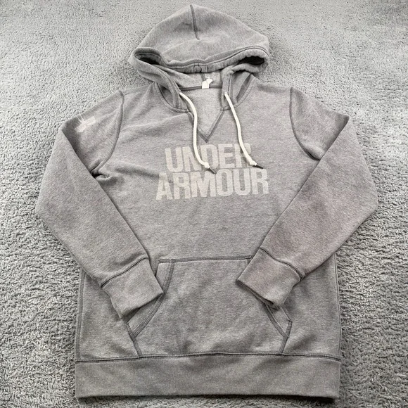 Under Armour Hoodie Womens Small Gray Sweatshirt Pullover Fleece Spell Out - Picture 2 of 12